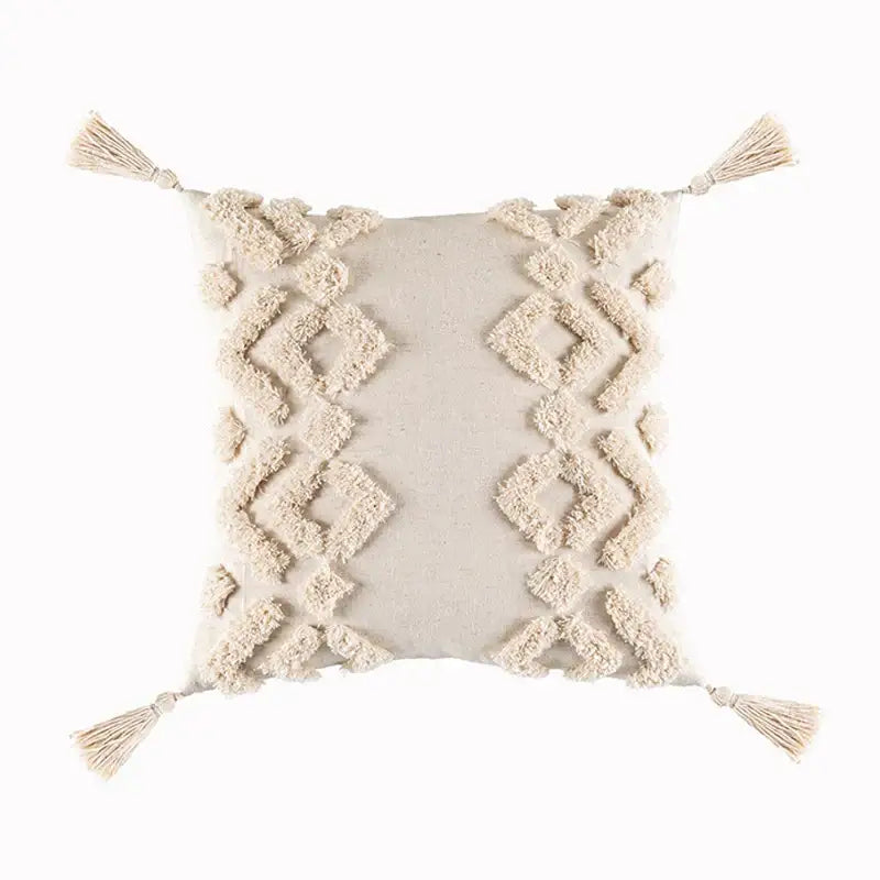 Beige Geometric Tassel Pillow