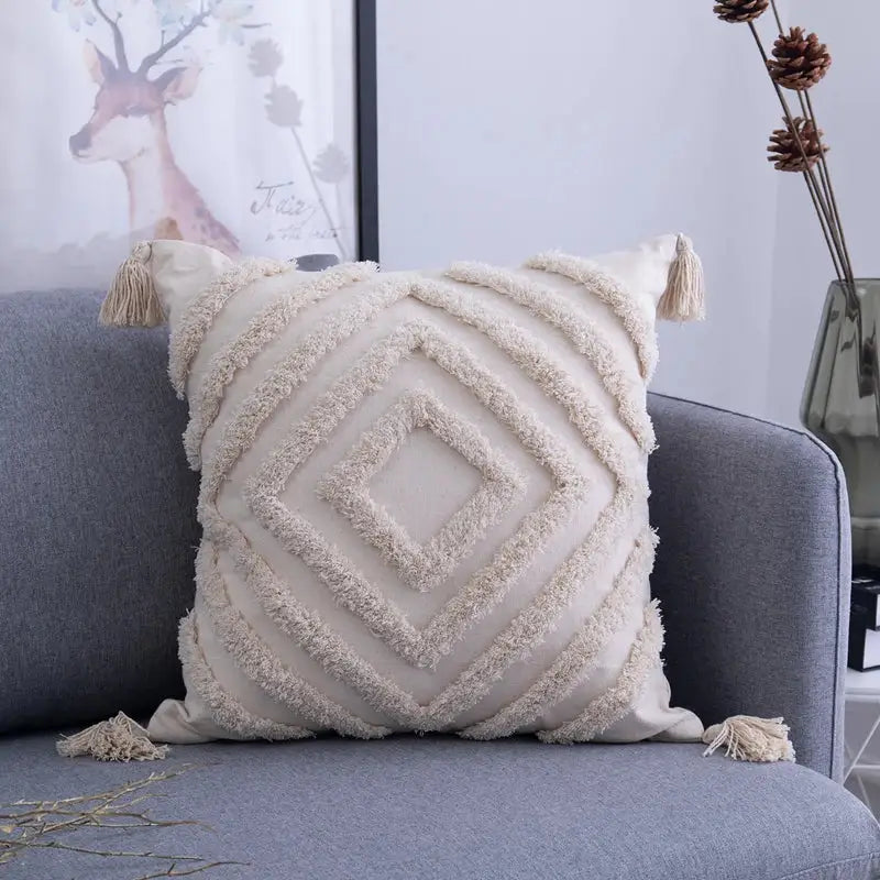 Beige Geometric Tassel Pillow