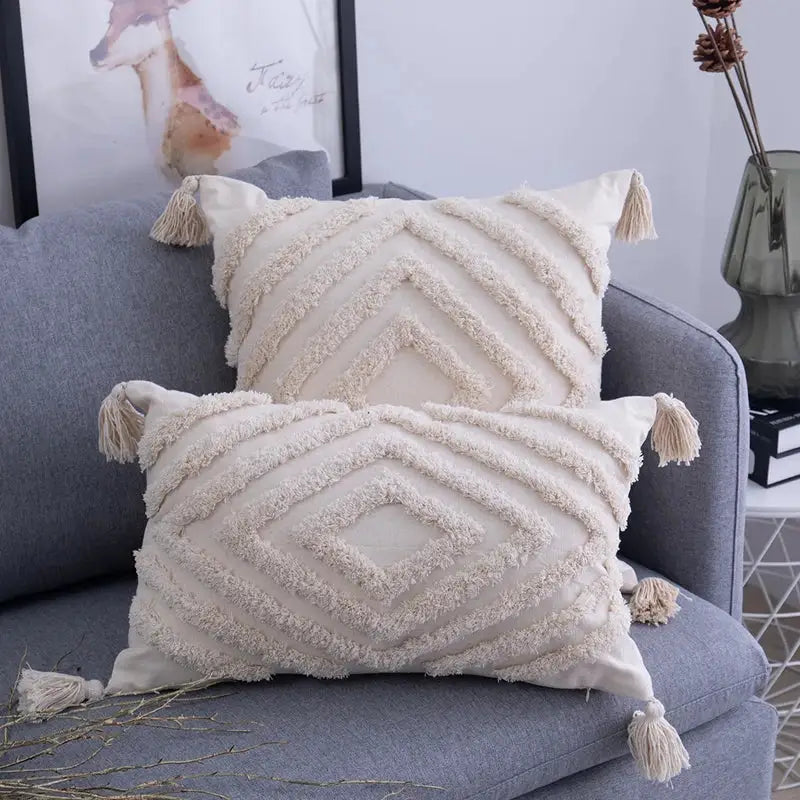 Beige Geometric Tassel Pillow