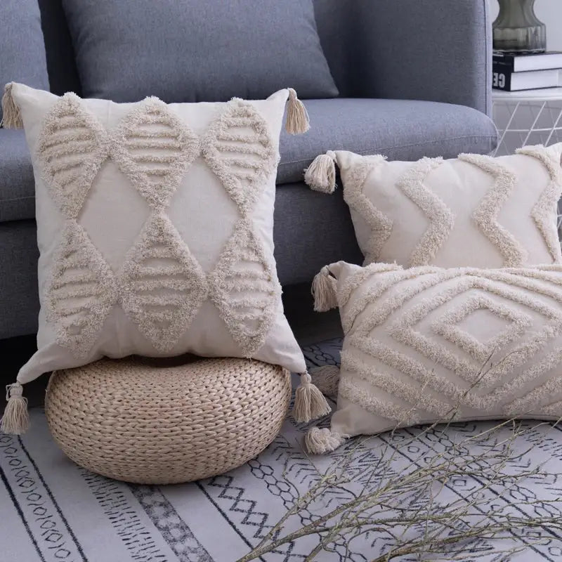 Beige Geometric Tassel Pillow
