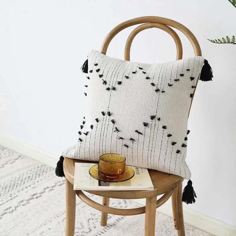 Cream Geometric Tassel Cushion