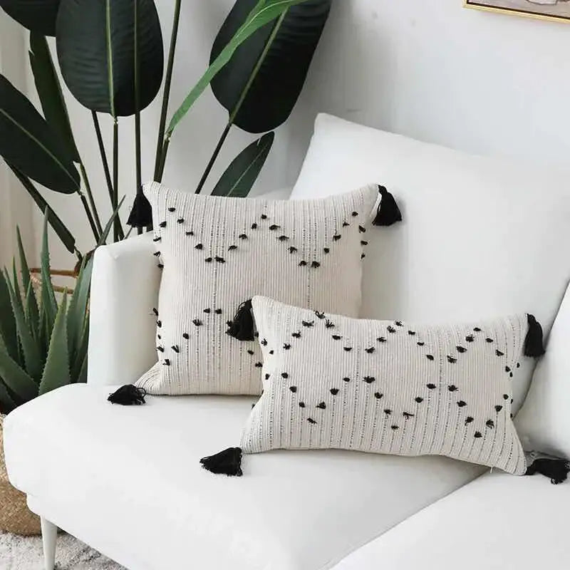 Cream Geometric Tassel Cushion