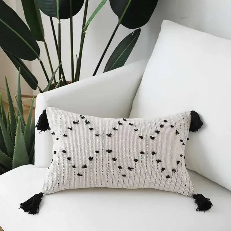 Cream Geometric Tassel Cushion