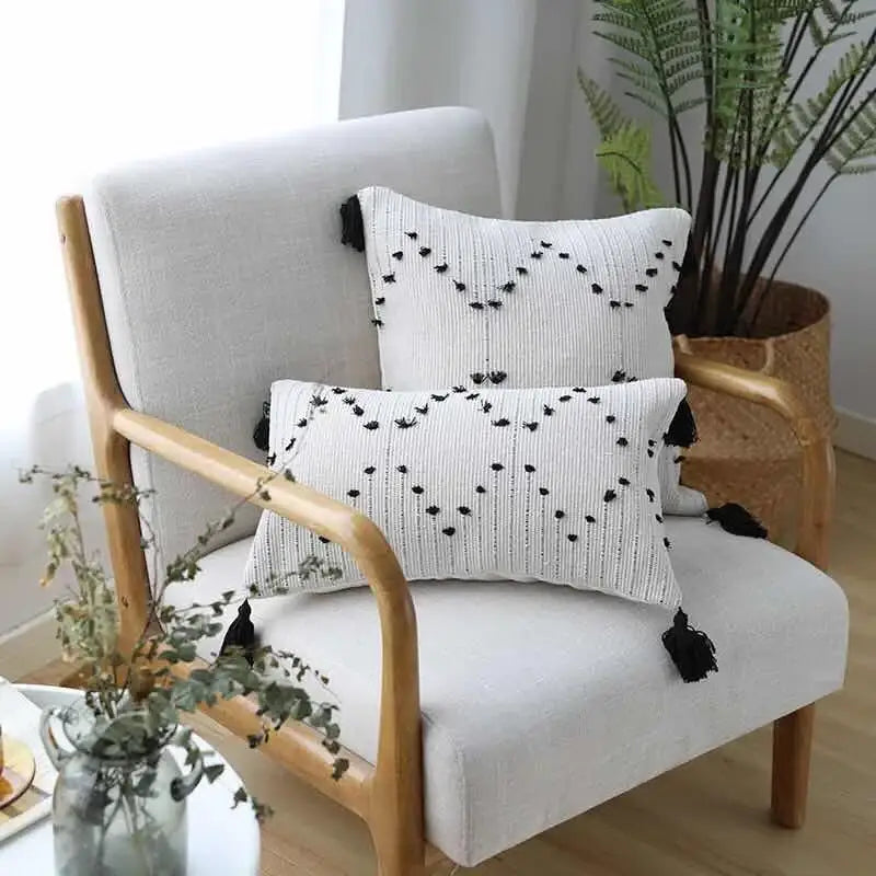 Cream Geometric Tassel Cushion