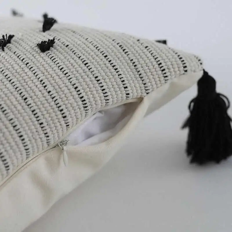 Cream Geometric Tassel Cushion
