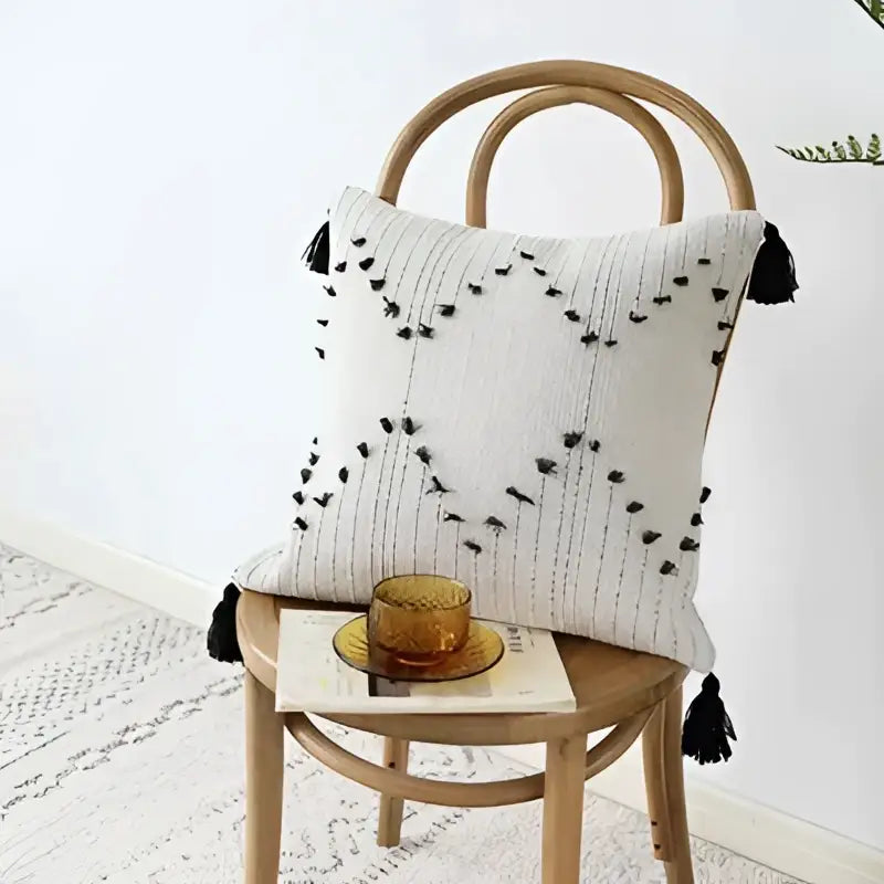 Cream Geometric Tassel Cushion