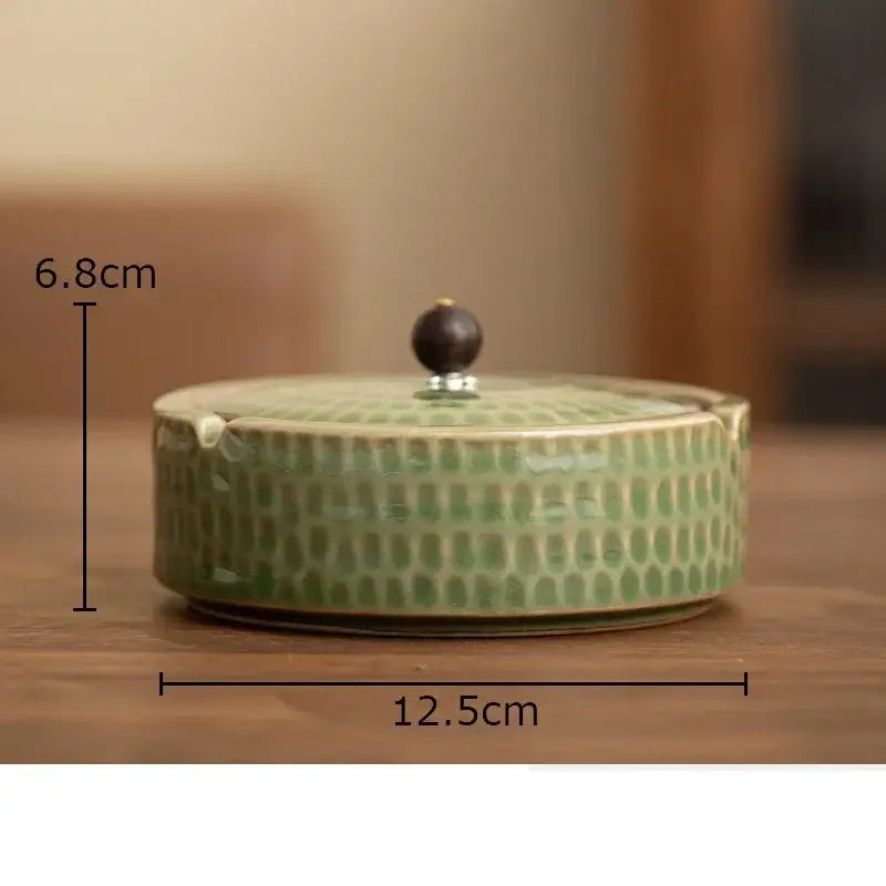 Green Ceramic Ashtray Wooden Lid