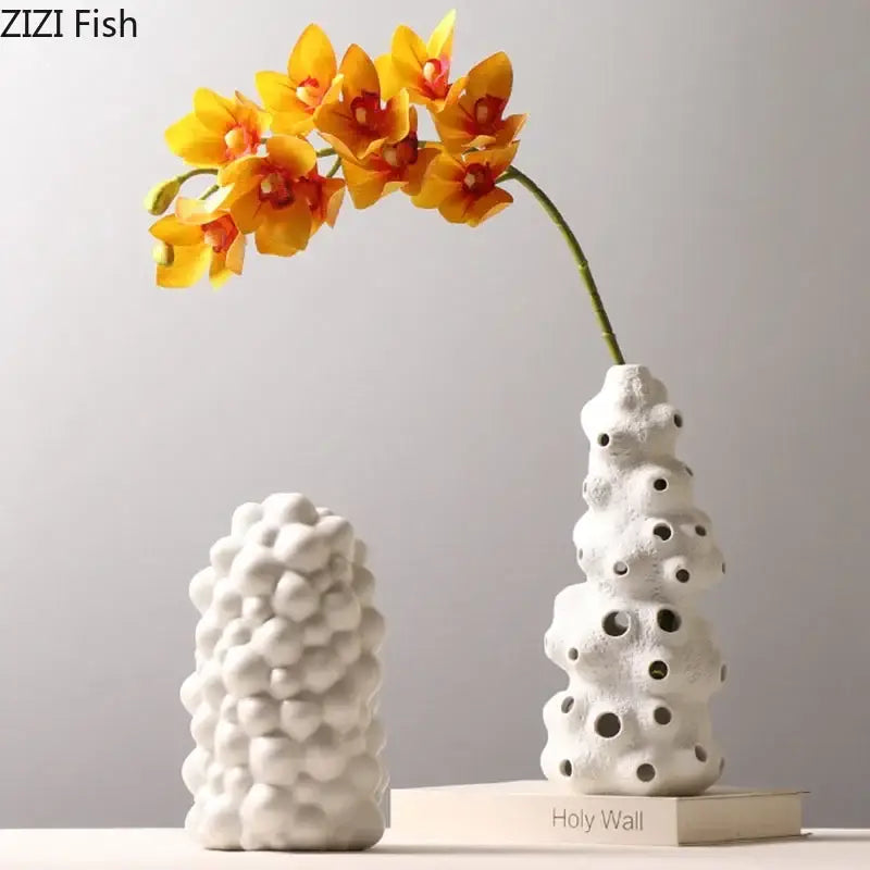 White Ceramic Vase Set with Artificial Flowers