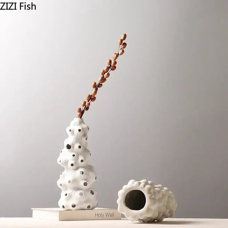 White Ceramic Vase Set with Artificial Flowers