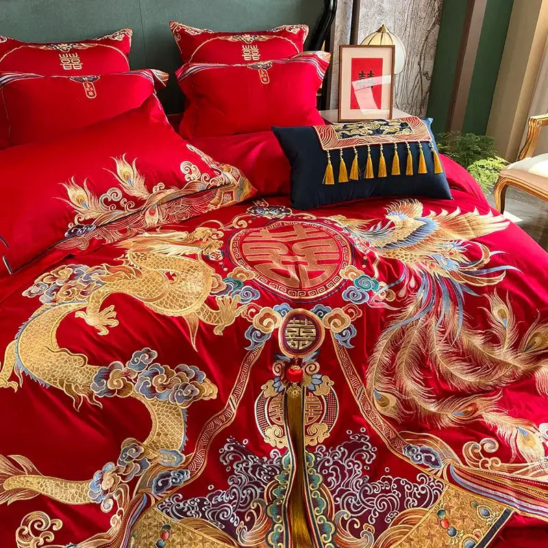 Red Gold Embroidered Bedding