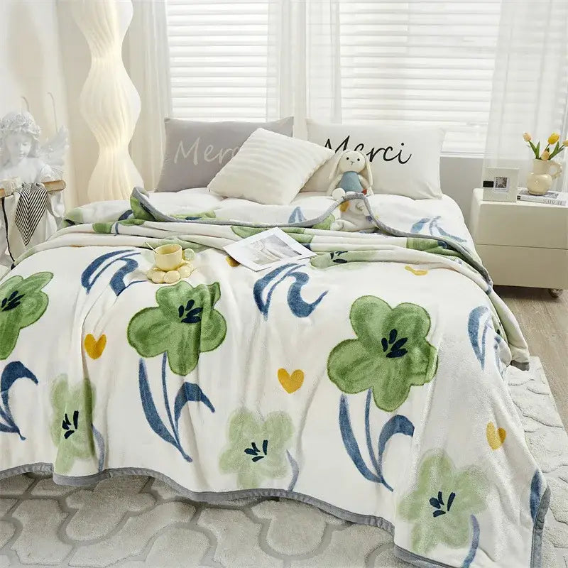 Flannel Leaf Blue Blanket