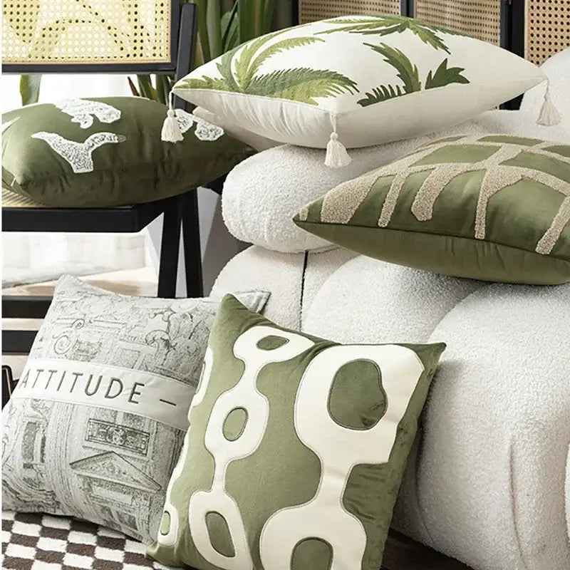 Olive Embroidered Patchwork Cushion