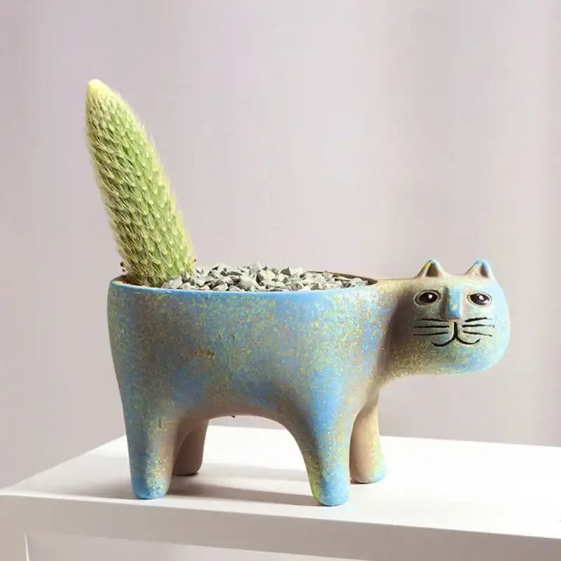 Turquoise Ceramic Cat Planter