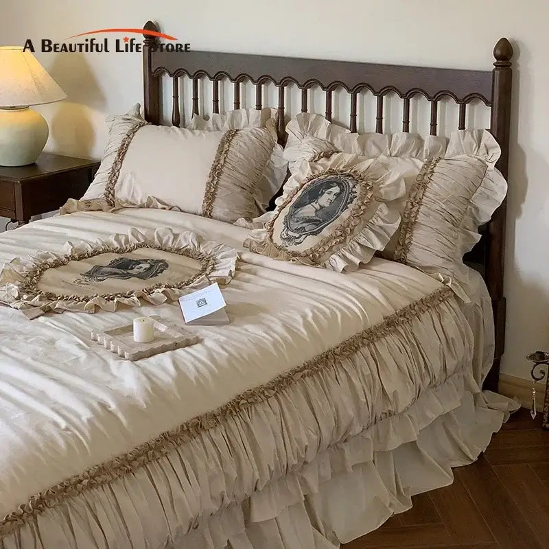 Beige Ruffled Bedding Set