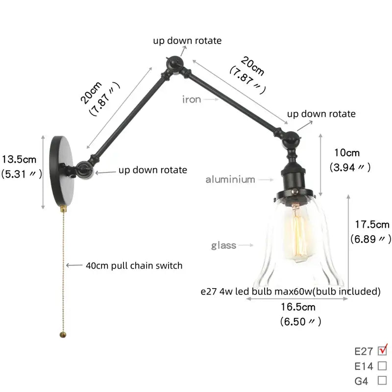 Black Glass Vintage Swing-Arm Wall Sconce