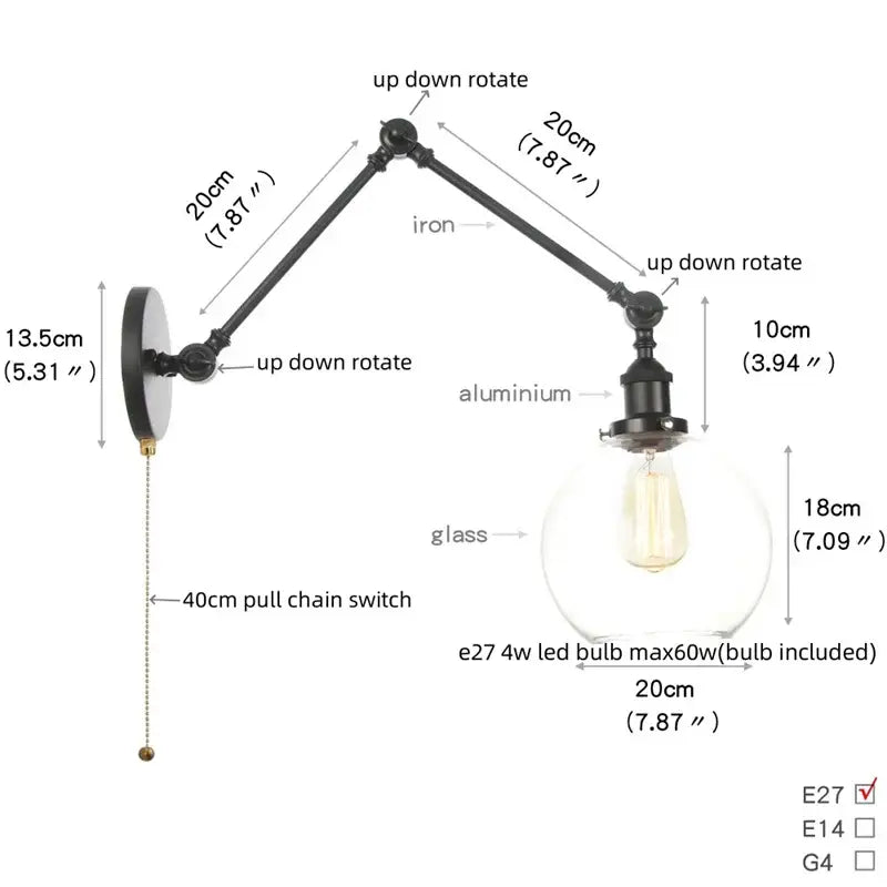 Black Glass Vintage Swing-Arm Wall Sconce