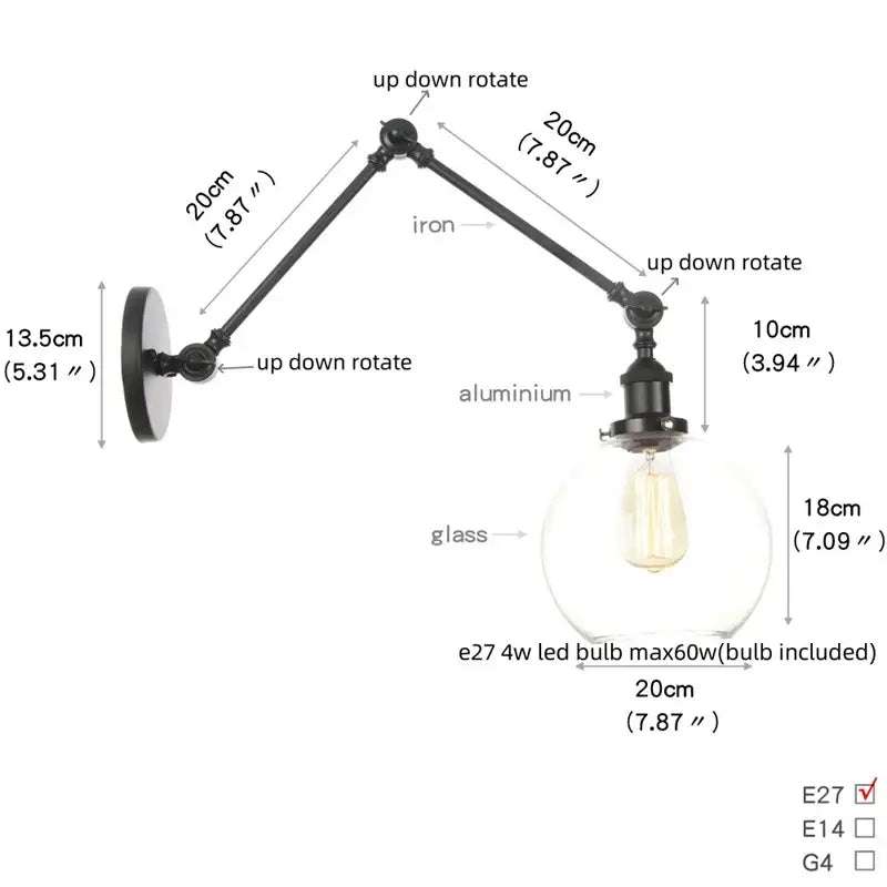 Black Glass Vintage Swing-Arm Wall Sconce