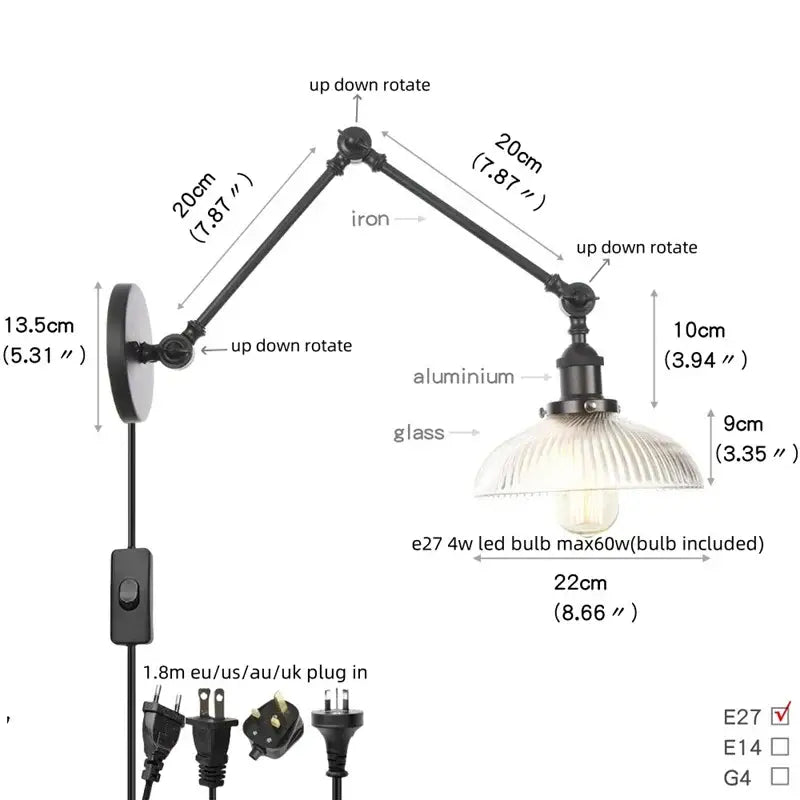 Black Glass Vintage Swing-Arm Wall Sconce