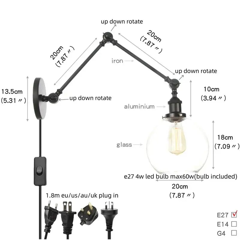 Black Glass Vintage Swing-Arm Wall Sconce