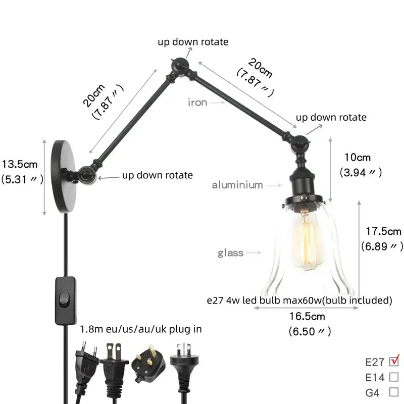 Black Glass Vintage Swing-Arm Wall Sconce