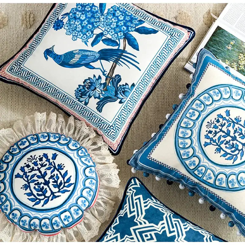 Blue Peacock Toile Pillow