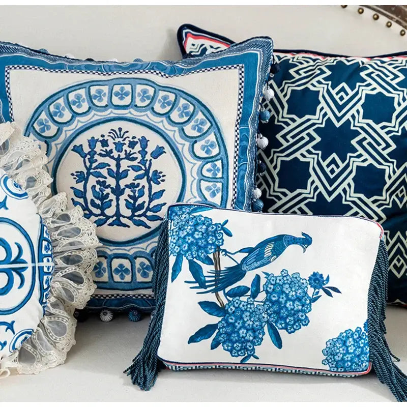 Blue Peacock Toile Pillow
