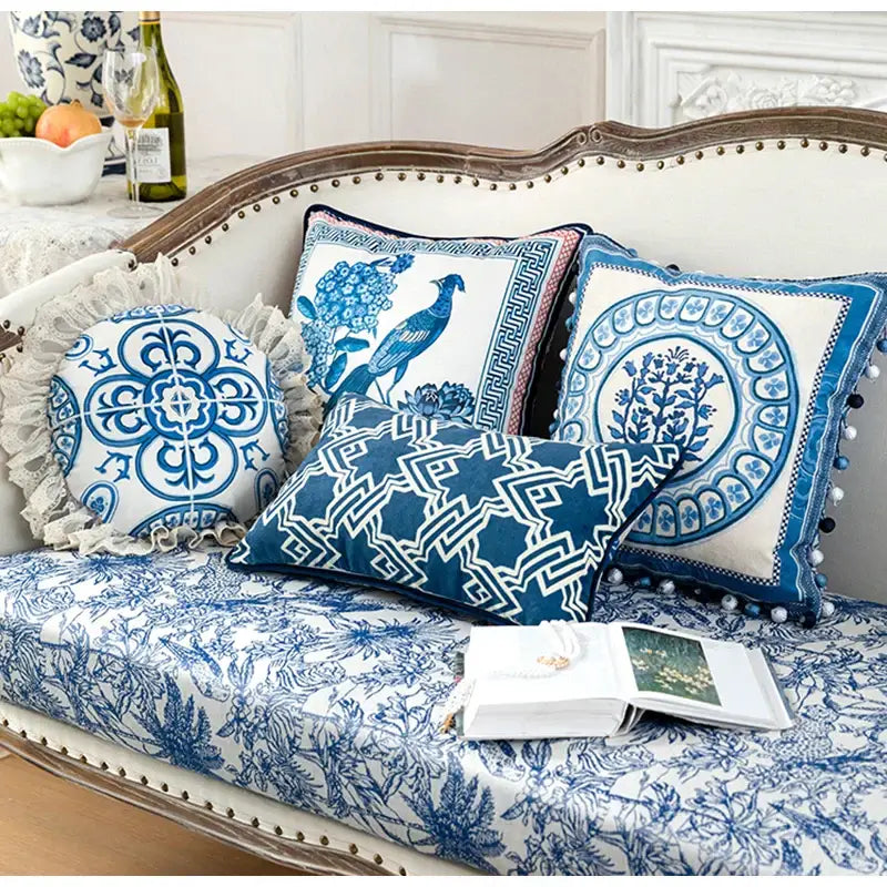 Blue Peacock Toile Pillow