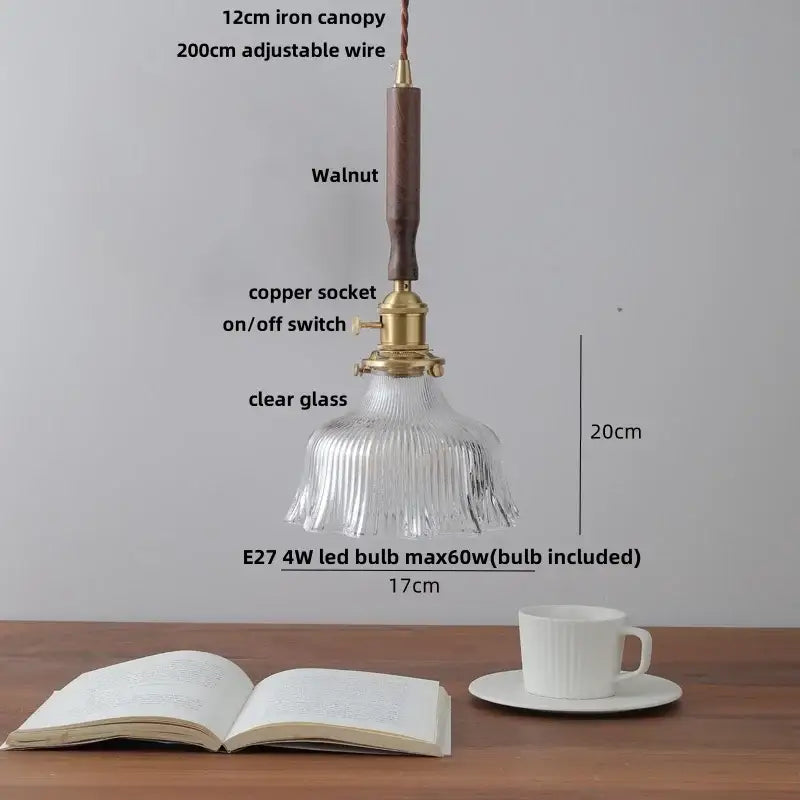 Vintage brass and ceramic walnut wood pendant light study aisle