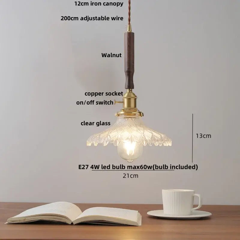 Vintage brass and ceramic walnut wood pendant light study aisle