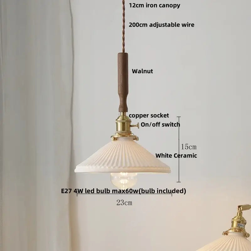 Vintage brass and ceramic walnut wood pendant light study aisle