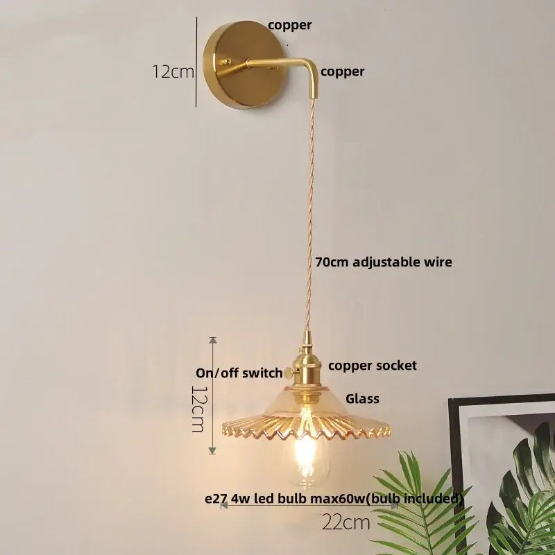 Vintage brass and green glass led wall lamp bedroom lotus light