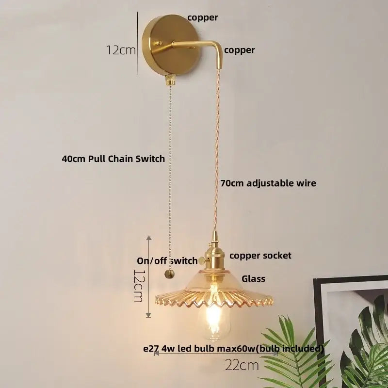 Vintage brass and green glass led wall lamp bedroom lotus light