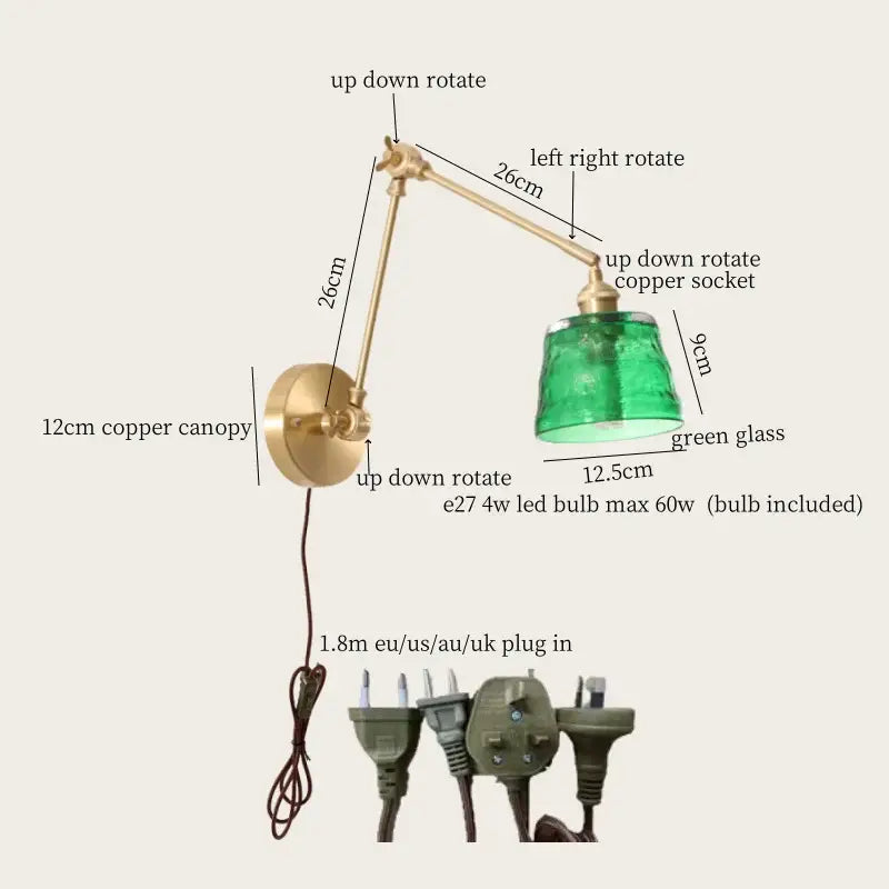 Vintage brass and green glass led wall lamps bedroom pull chain sconce