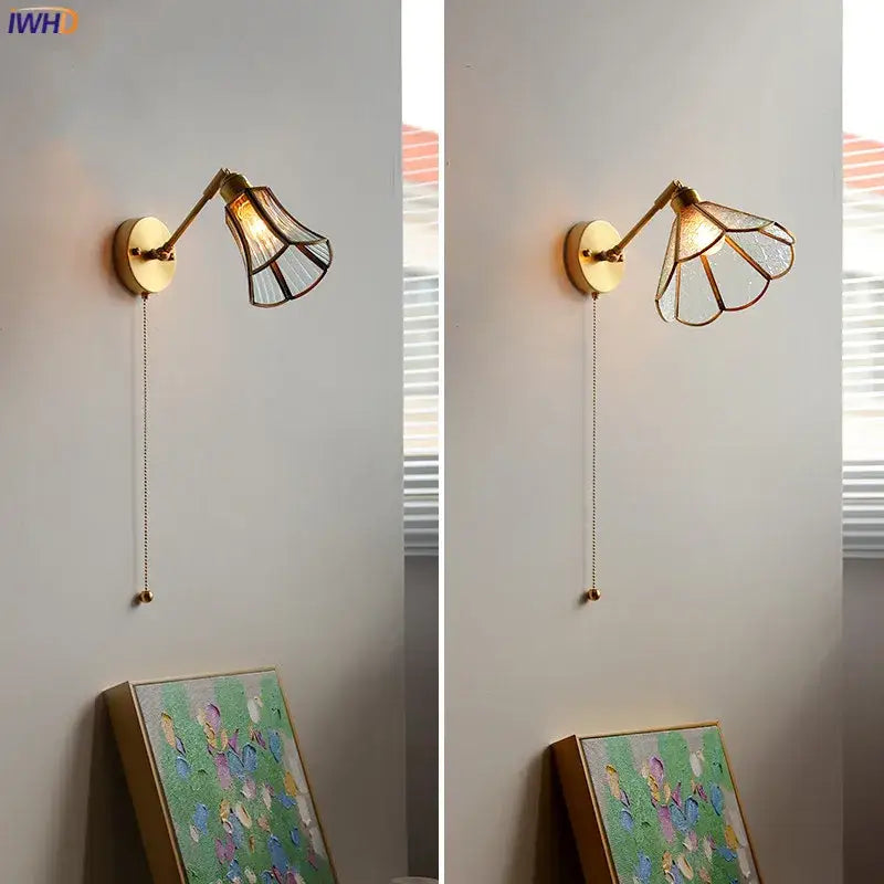 Vintage Brass Green Glass Wall Sconce with Pull Chain Switch