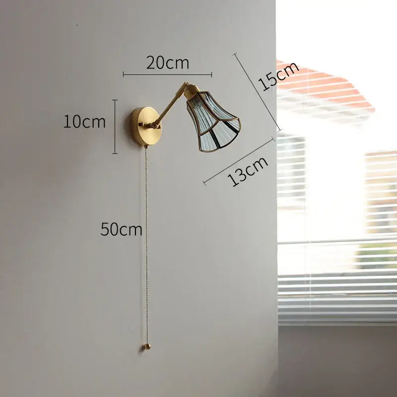 Vintage Brass Green Glass Wall Sconce with Pull Chain Switch