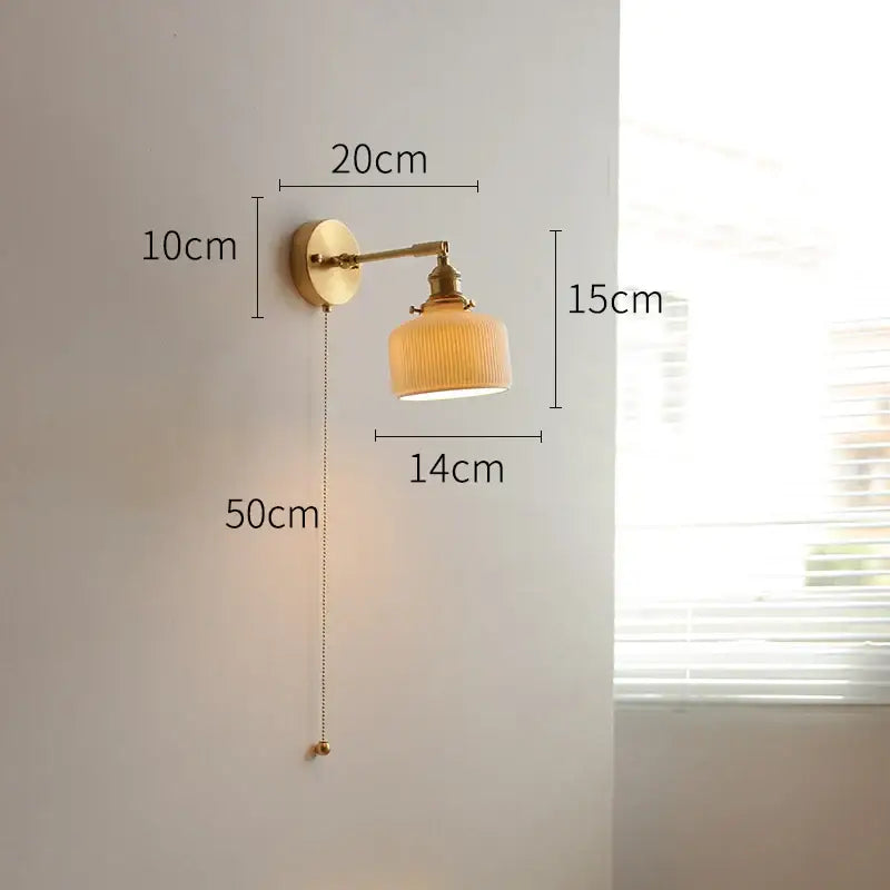 Vintage Brass Green Glass Wall Sconce with Pull Chain Switch