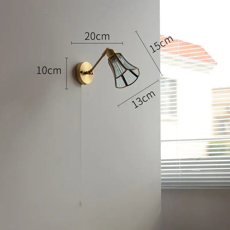Vintage Brass Green Glass Wall Sconce with Pull Chain Switch