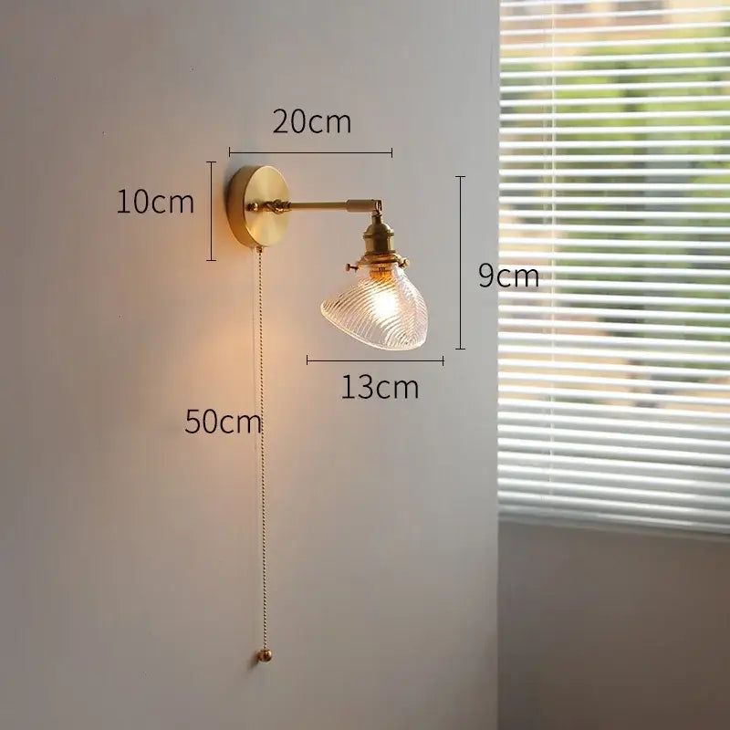 Vintage Brass Green Glass Wall Sconce with Pull Chain Switch