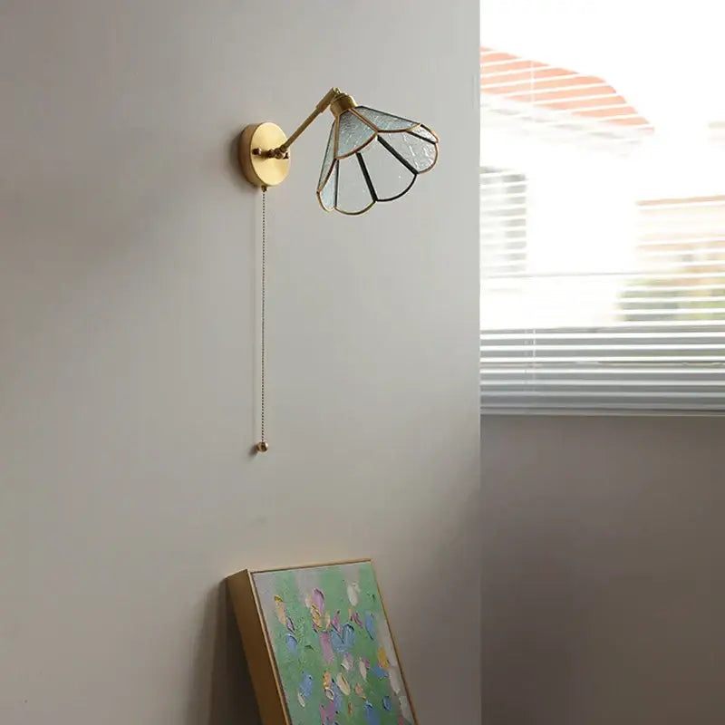 Vintage Brass Green Glass Wall Sconce with Pull Chain Switch