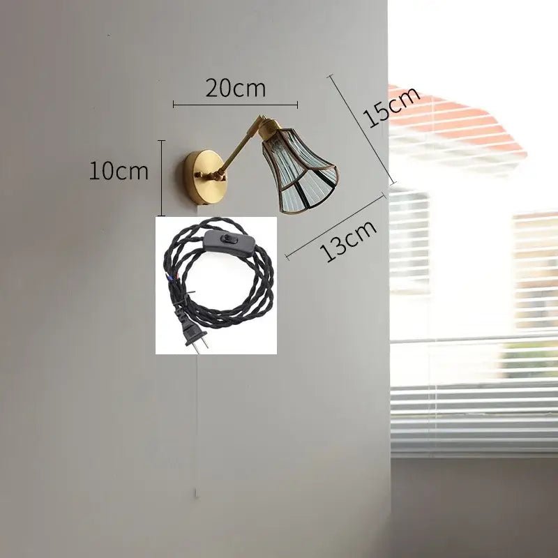 Vintage Brass Green Glass Wall Sconce with Pull Chain Switch