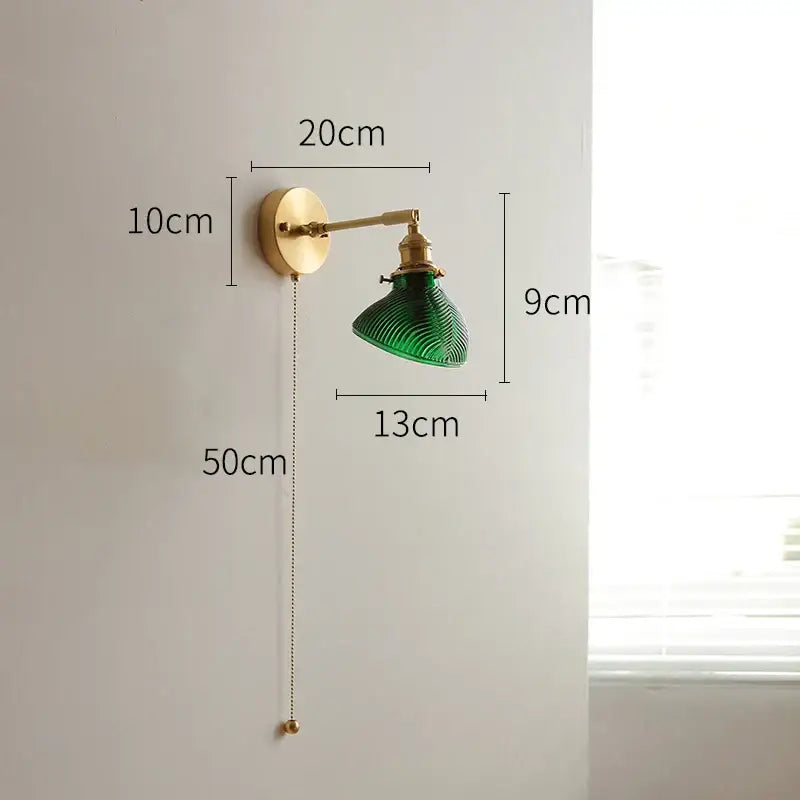 Vintage Brass Green Glass Wall Sconce with Pull Chain Switch