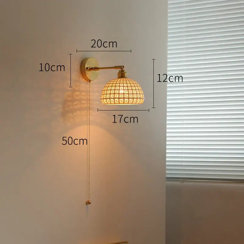 Vintage Brass Green Glass Wall Sconce with Pull Chain Switch