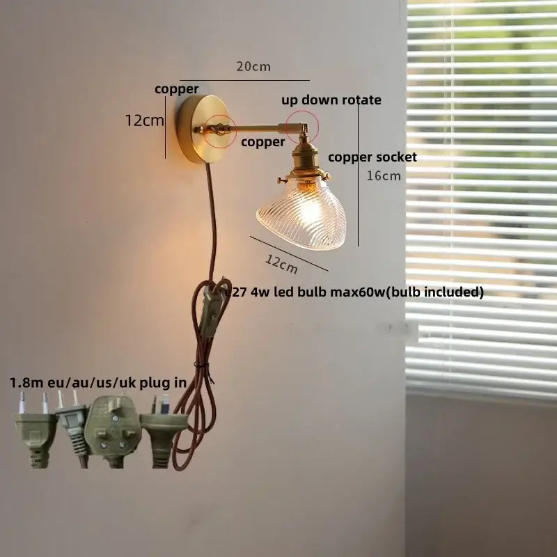 Vintage brass and green glass wall light fixture bedroom sconce