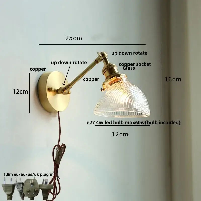 Vintage brass and green glass wall light fixture bedroom sconce