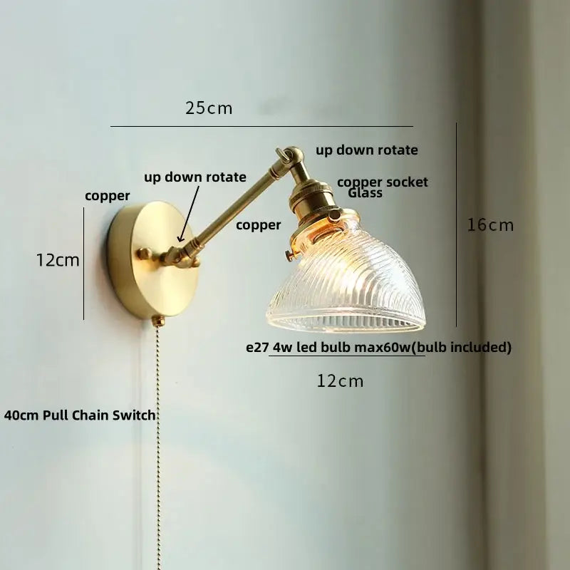 Vintage brass and green glass wall light fixture bedroom sconce
