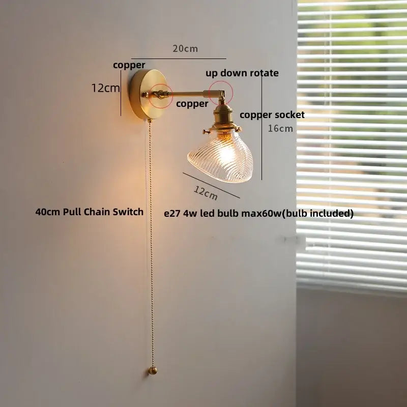 Vintage brass and green glass wall light fixture bedroom sconce