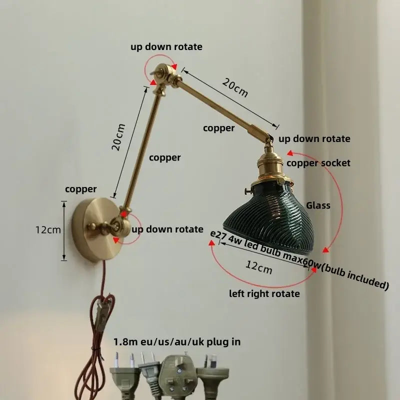 Vintage brass and green glass wall light fixture bedroom sconce