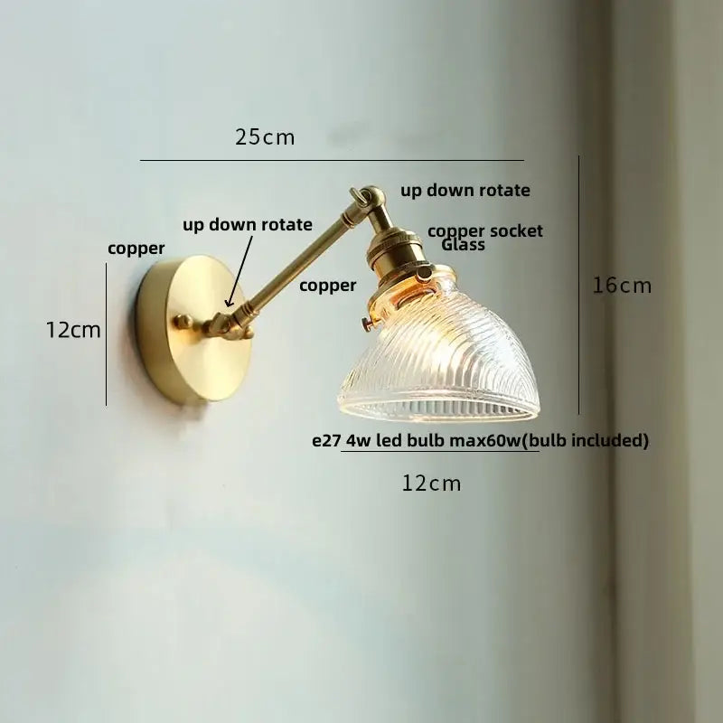 Vintage brass and green glass wall light fixture bedroom sconce