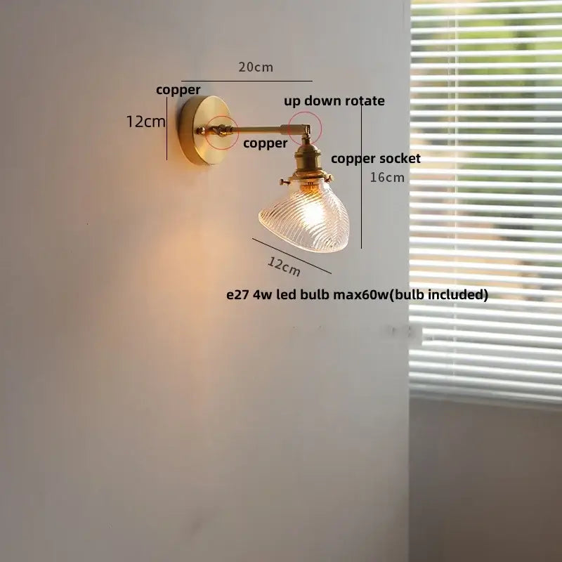 Vintage brass and green glass wall light fixture bedroom sconce