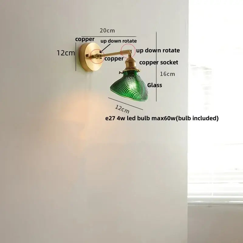 Vintage brass and green glass wall light fixture bedroom sconce